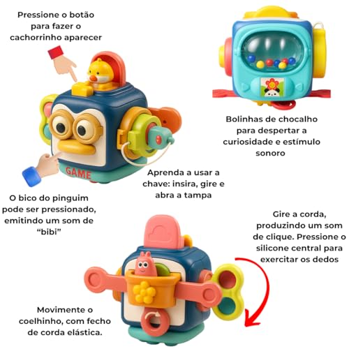 Cubo de Atividades Montessori para Bebê – Brinquedo Sensorial 0 a 24 meses, Coordenação Motora Fina, Texturas e Cores