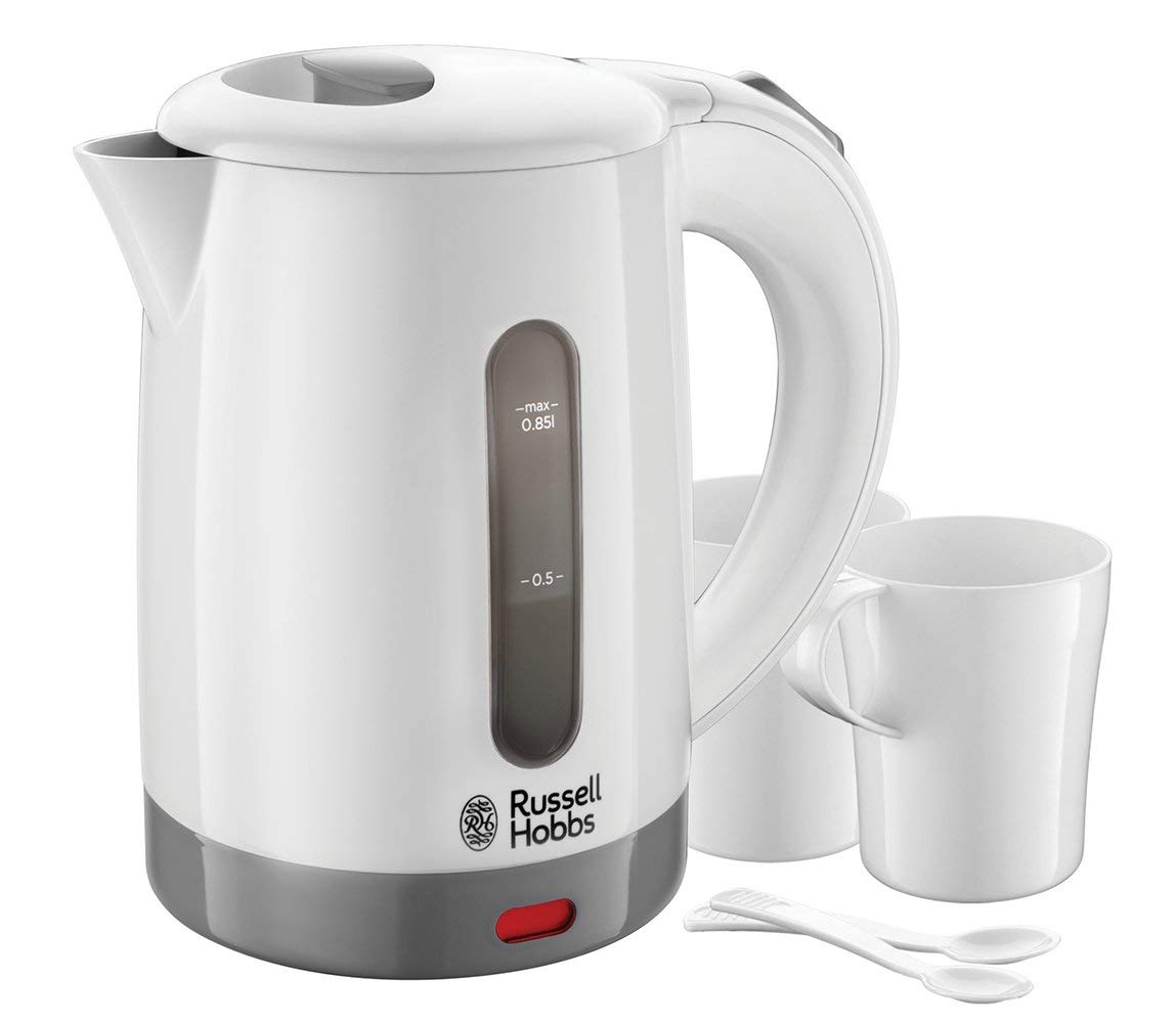 Russell Hobbs Bouilloire Electrique [Petite & Légère] Travel (Idéale Pour Voyage, 850 Ml, 1000W, 2 Tasses + Cuilères Incluses, Voltage Universel,Niveau D'Eau Visible, Filtre Anticalcaire) 23840-70