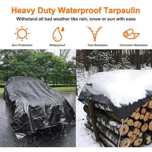 Gluckluz Heavy Duty Tarpaulin Sheet 220g/m² Thick Waterproof Tarp 3 * 4m 12 Mil Tear-Proof UV Resistant Cover with Reinforced Grommets & Edges for Outdoor Garden Car Patio Camping Pool (Black)