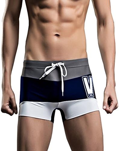 Men's Swim Trunks , JELEGANT Swimming Briefs Gradient Stripe Swimwear Shorts Four Corner Breathable Pants Beachwear Swimsuit with Drawstring [Grey- Blue-White-L]