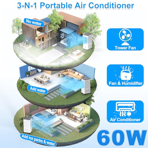 Portable Air Conditioners, 2.5 Gal Evaporative Cooling Fans that Blow Cold Air, 3 Speed Portable AC Unit, Quiet Swamp Cooler w/Timer & Remote, Windowless Air Conditioner for Bedroom Office Garage