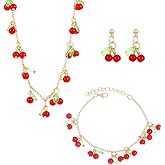 NewZenro Red Cherry Fruit Charm Dangle Earrings Beaded Necklaces Bracelets Sets for Women Cute Sweet Acrylic Gold Plated Fashion Jewelry Choker Necklace Ajustable Chain