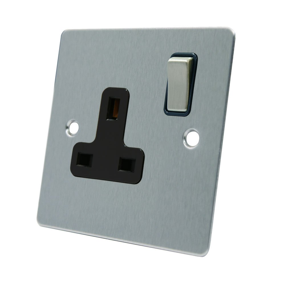 AET FSC1GSOCBS 13 A 1-Gang Satin Chrome Flat Single Plug Socket with Black Insert Metal Rocker Switch