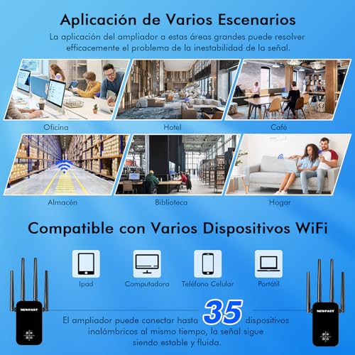 NEWFAST WiFi Repeater AC1200 WiFi Signal Amplifier 5GHzy2.4GHz Wi-Fi Amplifier, 4 x 3dBi Antennas, Access Point with 360° Coverage, Wi-Fi Extender (Black)