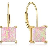 VESHON 925 Sterling Silver Opal Earrings for Women – 8×8mm Square October Birthstone Drop Earrings, Hypoallergenic Leverback Opal Jewelry Gift for Her (White Gold/14k Gold Plated)