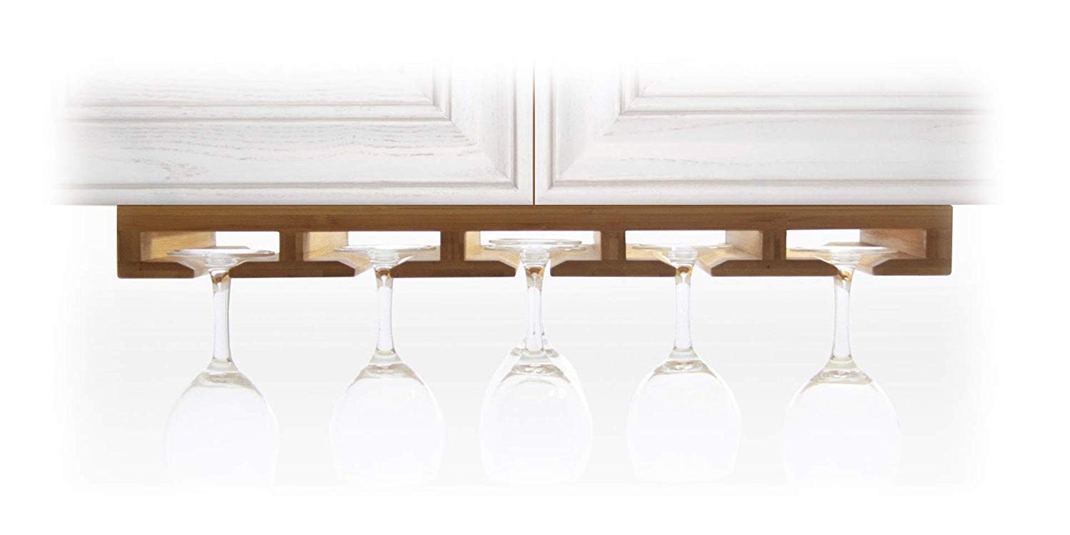 Woodquail Hanging Wine Glass Rack, Goblets Champagne Flutes Stemware Holder, Under Cabinet Storage, Kitchen Organiser, Made of Natural Bamboo