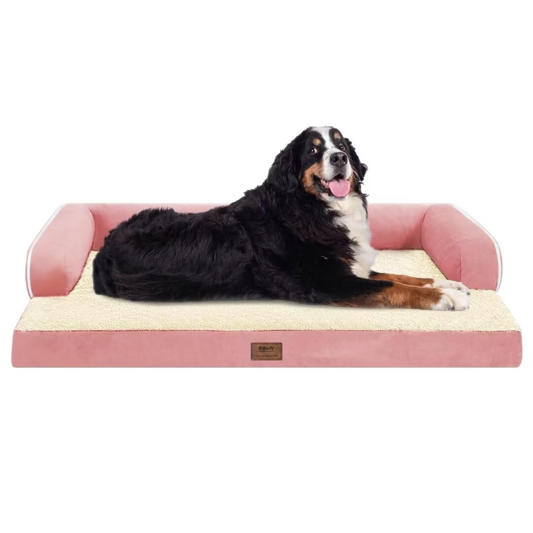 Orthopedic Washable Large Dog Bed, Pink Dog Beds with Removable Cover, Large XXXL Pet Dogs with Bolster, Washable Dogs Beds Sofa with Orthopedic Egg Foam for Medium Large Pet Image