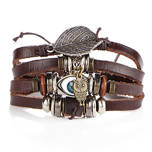 Aoruisier Mens Mixed Bracelets Adjustable Handmade Multi Strand Braided Owl Bracelets Woven Leather Wristbands