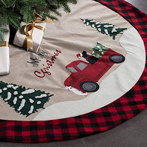 GMOEGEFT 48 Inches Christmas Tree Skirt Burlap with Buffalo Check Trim Rustic Truck and Dog Printing Xmas Home Decoration Ornaments (Truck & Dog)