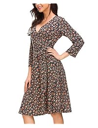 ROOSEY Vestido de mujer con estampado floral, manga 3 4, cuello en V, línea A, con cinturón