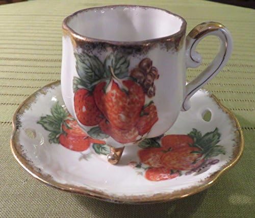 Vintage UCAGCO Ceramic Gold Trim w Strawberries 3 Foot Demitasse Cup &amp; Saucer