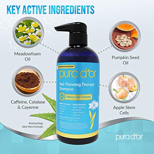 PURA D'OR Hair Thinning Therapy Shampoo for Prevention, Infused with Argan Oil, Biotin & Natural Ingredients, Sulfate Free, All Hair Types, Men and Women, 16 Fl Oz (Packaging may vary)