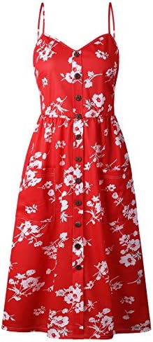 BABAKUD Women's Dresses Summer Red Floral Spaghetti Strap Button Down Midi Dress with Pocket, Size XL