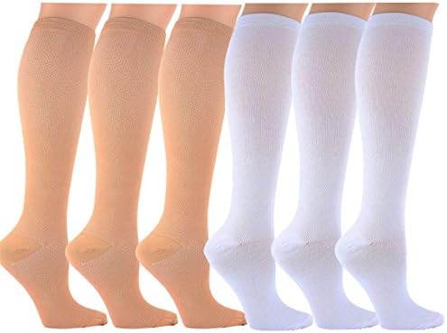 Graduated Compression Socks Women &amp; Men - 6 Pairs Unisex Knee High (15-20mmhg) Nursing Sports Socks - Best for Medical, Running, Nursing, Travel,Flight, Edema, Diabetic (S/M, BEIGE, WHITE)