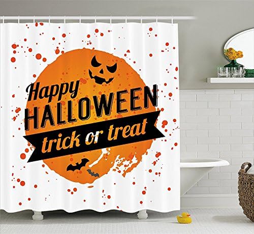 Yomyceo Halloween Shower Curtain, Happy Halloween Trick or Treat Watercolor Stains Drops Pumpkin Face Bats, Fabric Bathroom Decor Set with Hooks, 60W X 72L Inches, Orange Black White