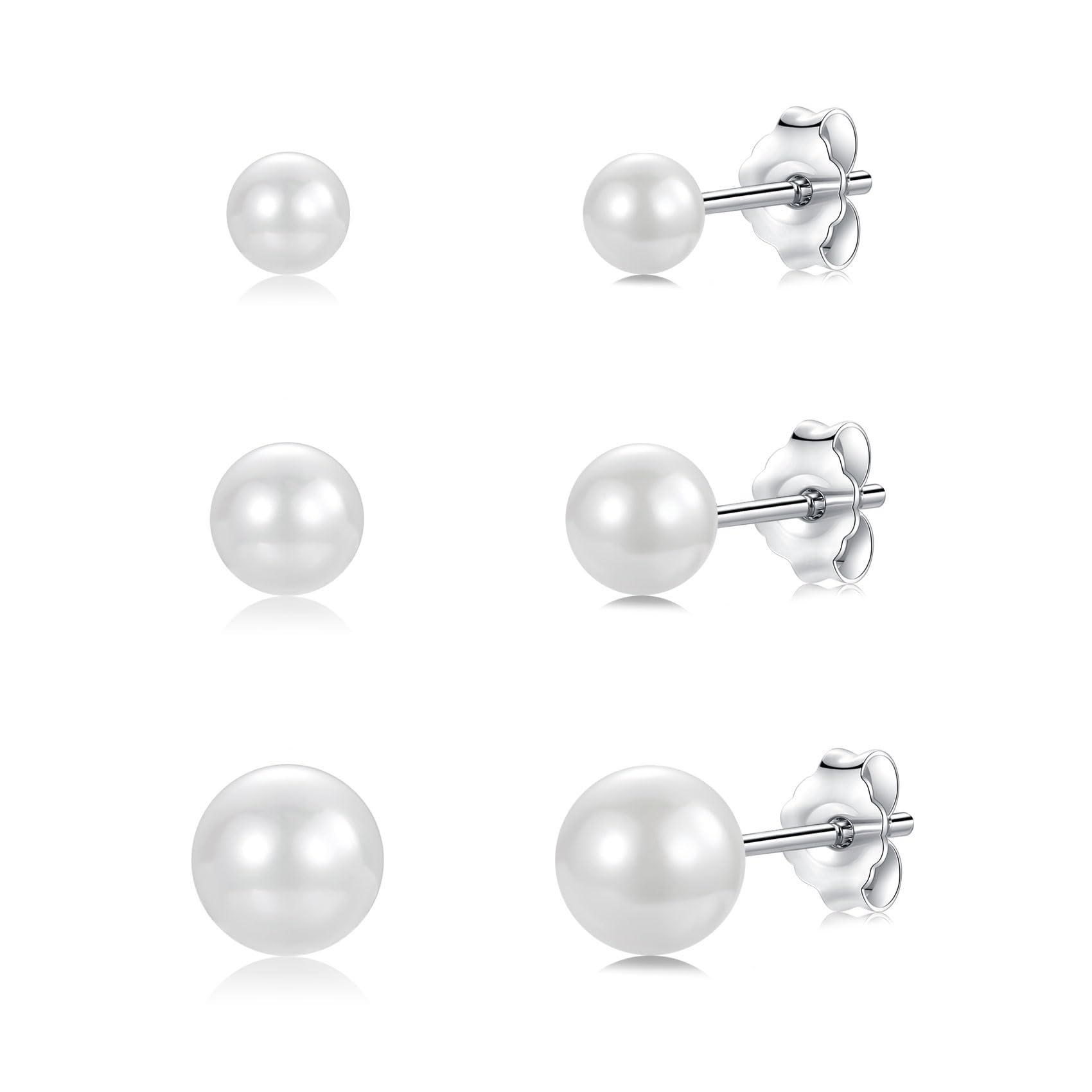 wynn's Silver Stud Earrings for Women, 3 Pairs 925 Sterling Silver Pearl Stud Earrings Set, Hypoallergenic Small Sleeper Cartilage Studs for Girls, Come with Silver Earring Backs, Size: 4/5/6 mm