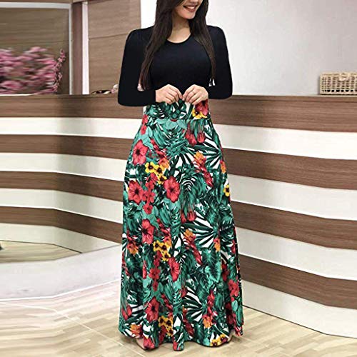 Toimothcn Women Maxi Dress Long Sleeve Floral Dot Printed Colorblock Long Dresses(Green,S)