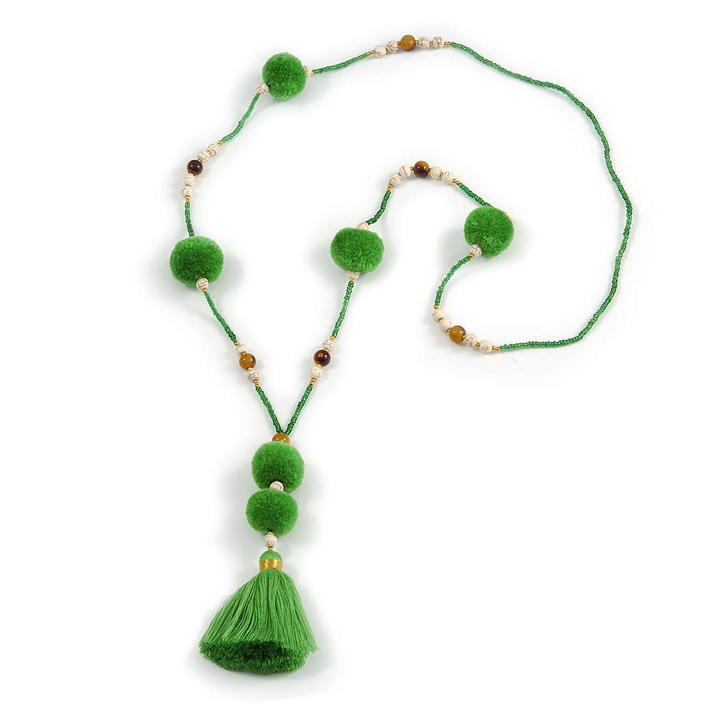 Avalaya Long Spring Green Glass Bead Pom Pom Tassel Necklace/ 88cm L/ 10cm Tassel