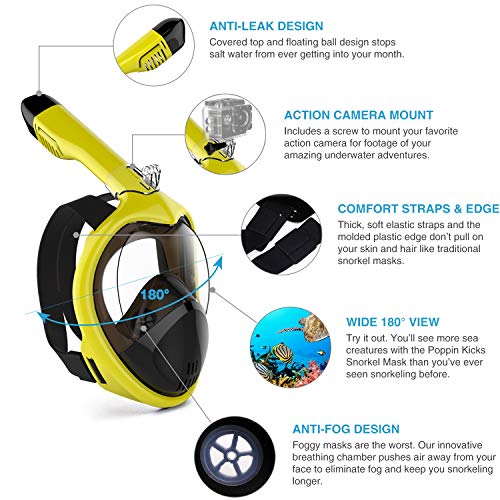 image for Poppin Kicks Full Face Snorkel Mask for Adult Youth and Kids | 180° P