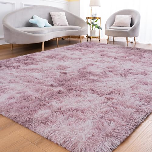 Goideal Fluffy Rug for Bedroom Living Room, 5x7 Pink Purple Area Rugs, Faux Fur Shag Modern Carpet Ultra Soft Girls Boys Room Home Decor, Tie-Dyed