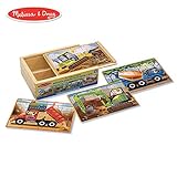 Melissa & Doug Construction Vehicles 4-in-1 Wooden Jigsaw 12-Piece Puzzles (Beautiful Original Artwork, 48 Pieces Total)