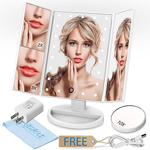 GIWOX Lighted Make Up Vanity Mirror Trifold 180°Rotatable Table Countertop Cosmetic Bathroom Mirror With Touch Screen,2X / 3X / 10X Magnifying Mirror,Battery And USB Power Supply