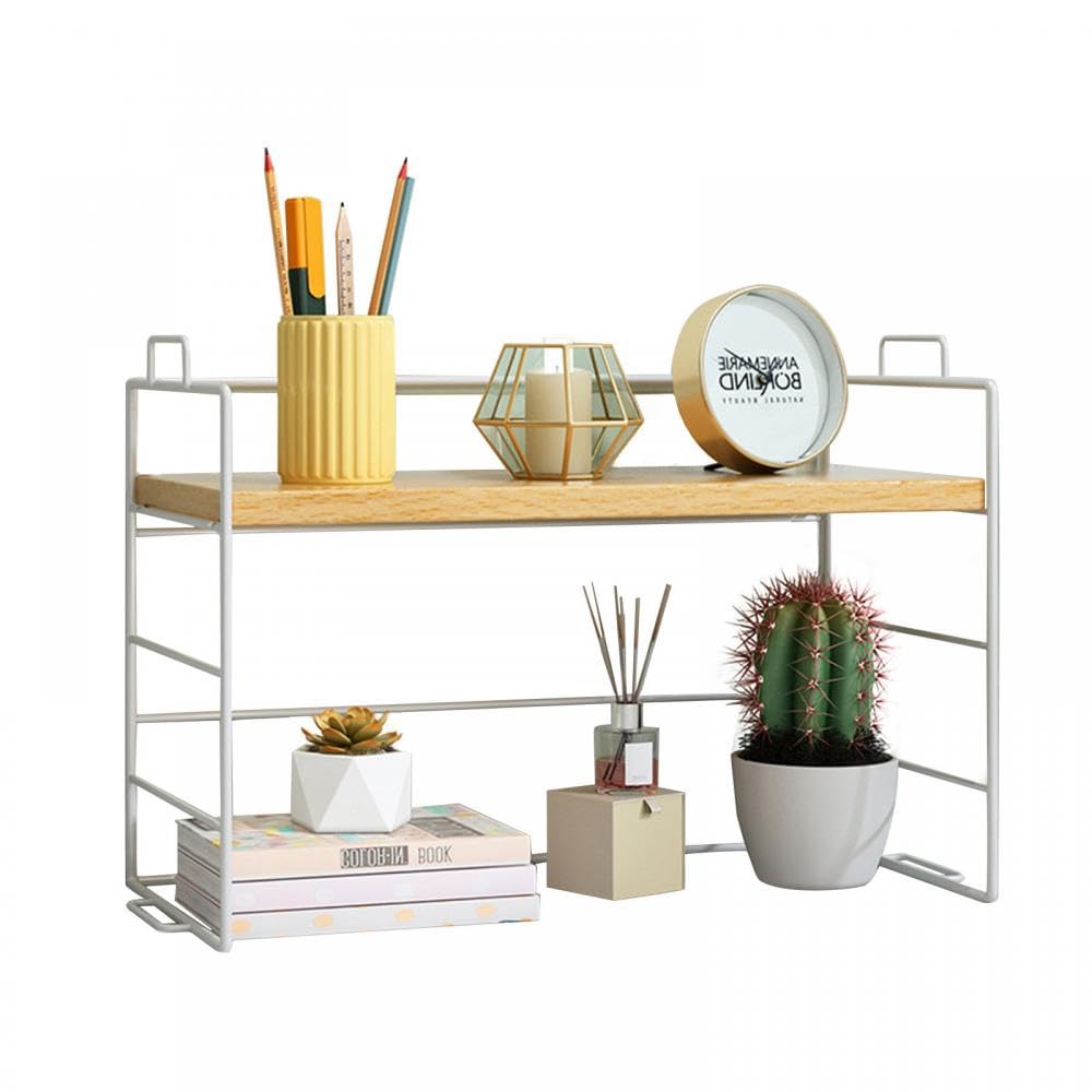 Gelory Desk Organizer Shelf Desktop Storage Shelf Display Bookcase Storage Rack Multipurpose Desktop Bookcase Stand for Office Kitchen Bedroom Bathroom Reading Room (White frame wood color)