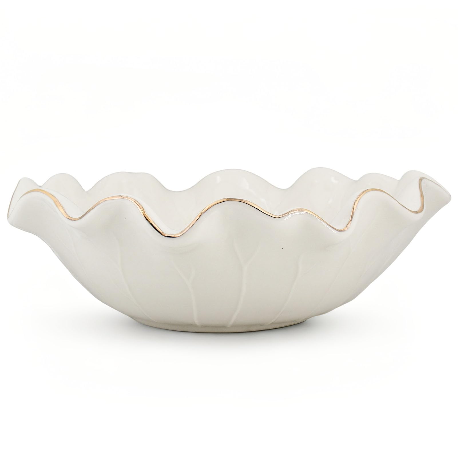 Photo 1 of 10 Inch White Ceramic Decorative Bowl, Large Shallow Bowl with Ruffle Lotus & Gold Trim - Fruit Display for Kitchen Counter, Modern Dining & Coffee Table Decor Centerpiece, Ideal Housewarming Gift ?