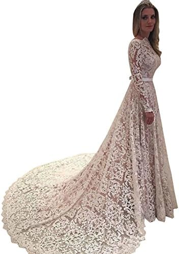 Ellystar Women's New A-Line Lace Long Sleeves Zipper High Collar Bridal Dresses
