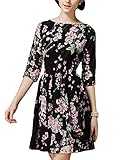 Allegra K Women 3/4 Sleeve Round Neck Floral Print Fully Lined Skater Dress