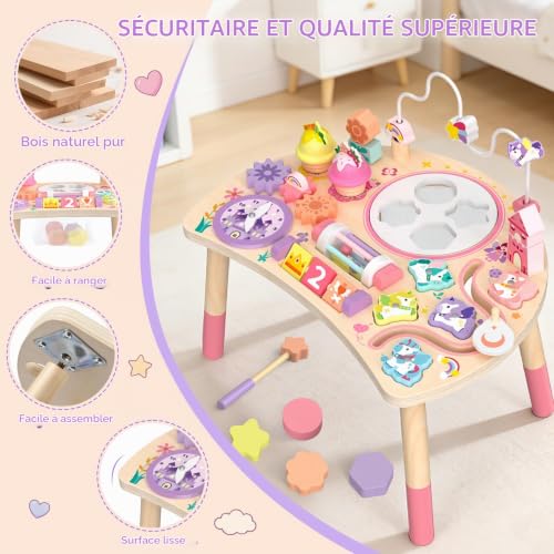Fozcmisw Table d'Activité Montessori en Bois 10 en 1 Licorne dès 18 Mois | Manipuler, Trier, Tourner et écouter Aide la Motricité Fine Dans Les Jeux Quotidiens