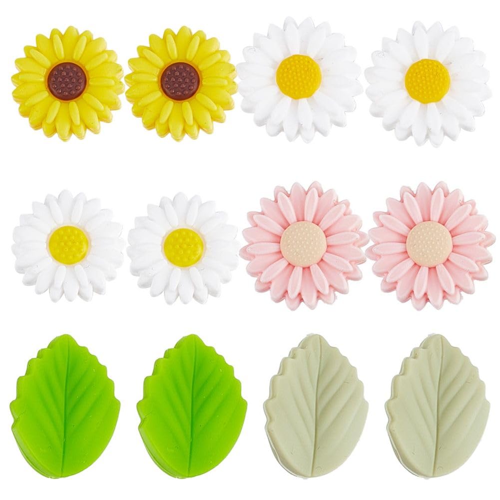 SUNNYCLUE 12Pcs Flower Silicone Beads Bulk 20mm Pink Daisy Flowers Green Leaf Chunky Beads for Pens Keychain Lanyard Making Supplies — image 1