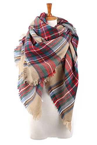 Yanekop Womens Big Blanket Scarf Soft Warm Tartan Plaid Scarf Shawl Fashion Wrap(Beige Mixed)