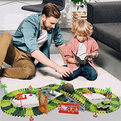 Bdwing Dinosaur Race Car Track Toys, Flexible Assembly Car Tracks Train Set for Boys Girls Toddlers and Kids (Extra 1 Set Traffic Signs) Best Gift for 2 3 4 5 Years Old