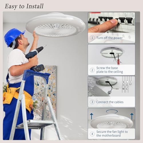 Ceiling Fan with Light and Control 48.5 cm, Silent DC Motor, Extra Flat Design 13.7 cm for Bedroom, RGB, LED 40 W 4200LM, Dimmable 3000-6500K, Winter/Summer, Memory, Timer, White