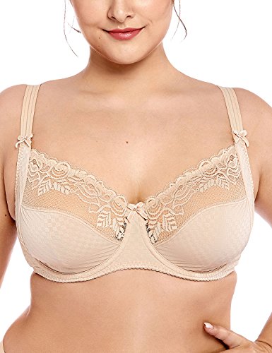 DELIMIRA Women's Floral Sheer Lace Unlined Plus Size Underwire Bra Non Padded