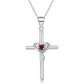 YZSFMZGE Cross Necklace for Women, 925 Sterling Silver Birthstone Necklace, 5A CZ Cross Heart Pendant with Adjustable Chain, 16+2 Inches