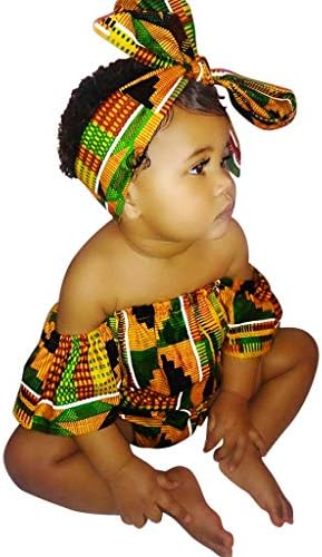 LuminitA 2PCS Newborn Baby Girl Romper African Print Off Shoulder Jumpsuit Bodysuit +Headband Outfit Sets