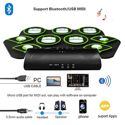 Electronic Drum Set - MIDI Drum Practice Pads,Bluetooth Portable Roll Up Electric Drum kit for Kids Beginner,Kids Drum Set with Headphone Jack, Built in Speaker, Battery, Drum Stick Drum Pedals