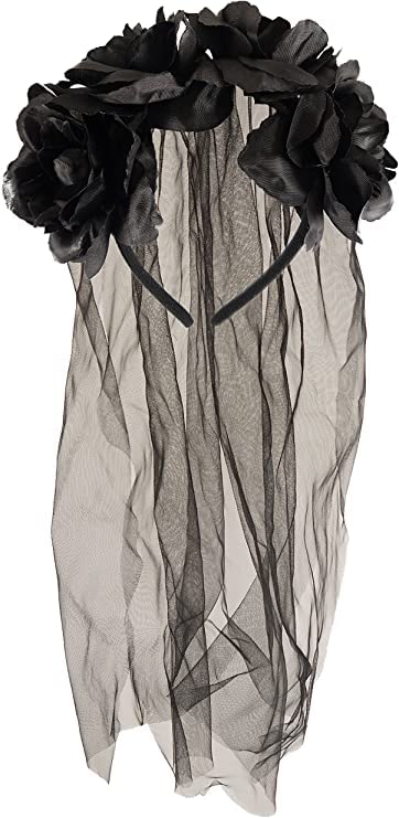 Long Black Veil with Black Flowers Halloween Hairband Gothic Bride Veil Day of the Dead Party Accessories Fancy Dress Hair Accessory for Adults