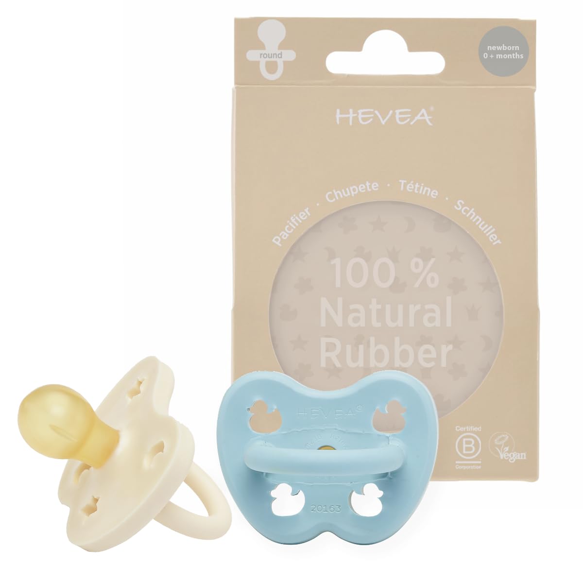 HEVEA Natural Rubber Dummy Pacifier Round Newborn 0+ Months – Hygienic One Piece Design for Newborns to Toddlers, BPA-Free, Soft & Durable – 2-Pack (Baby Blue & Milky White) — image 1