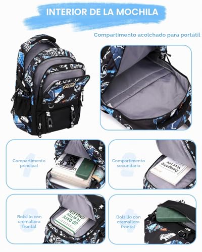 Tanou Teenage Boy Backpack, Football School Backpacks for Kids | 12+ years, Large Backpack for College and High School in Nylon, Black/Blue
