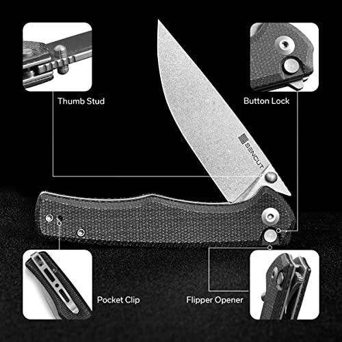 SENCUT Crowley Pocket Knife Button Lock Folding Knife for EDC, Black