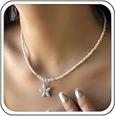 Sttiafay Boho Pearl Beaded Choker Necklace White Seed Bead Necklace Gold Starfish Pendant Necklaces Pearl Rice Beaded Chain Necklaces Jewelry for Women