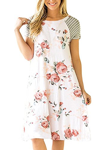Poptem Womens Midi T-Shirt Dresses Short Sleeve A-Line Ruffles Floral Print Casual Summer Beach Loose Sundresses