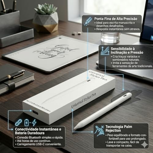 Caneta Stylus Pen Recarregável USB com Ponta Fina 1,5mm e LED para iPad, Tablet e Celular Touch Screen