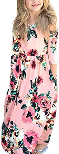 Girls 3/4 Sleeve Maxi Dress,Kids Floral Casual Long Dresses with Pockets for Girls 6-12T