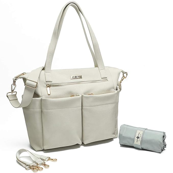Miss Fong Leather Diaper Backpack Tote - Large Baby Bag With 15 Pockets & Changing Pad