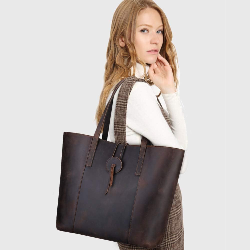 S-ZONE 15-inch Laptop Large Vintage Women Crazy Horse Leather Tote with Removable Pouch Shoulder Bag Handbag - Image 4