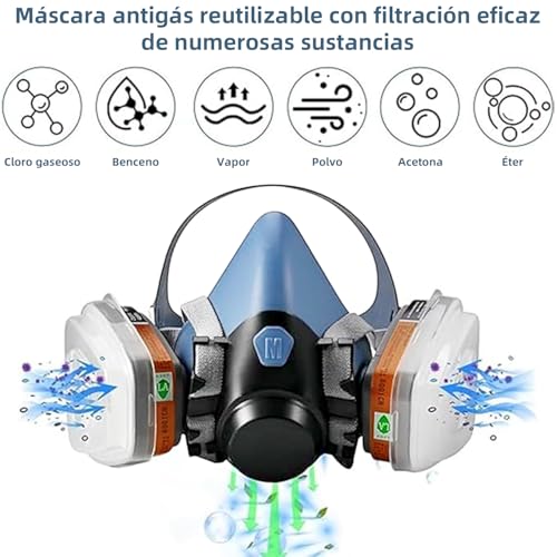 Mascarilla Respiratoria Reutilizable con anteojos de seguridad y filtros, Máscara antipolvo para gases químicos, adecuada para pintura, pulverización, amolado, soldadura